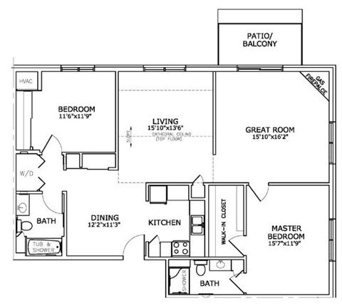 Floor plan for 2 beds, 2 baths, 1297 sqft